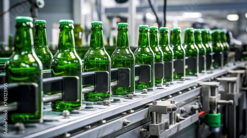 Green beer bottles moving on conveyor belt