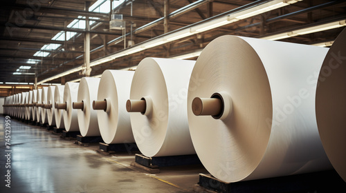 Rows of paper rolls in warehouse