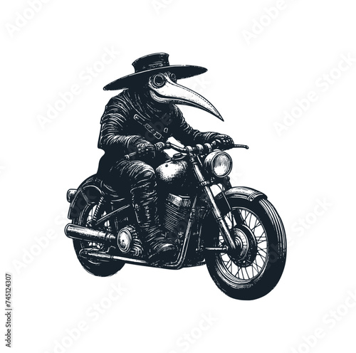 The plague doctor ride motorbike. Black white vector illustration.