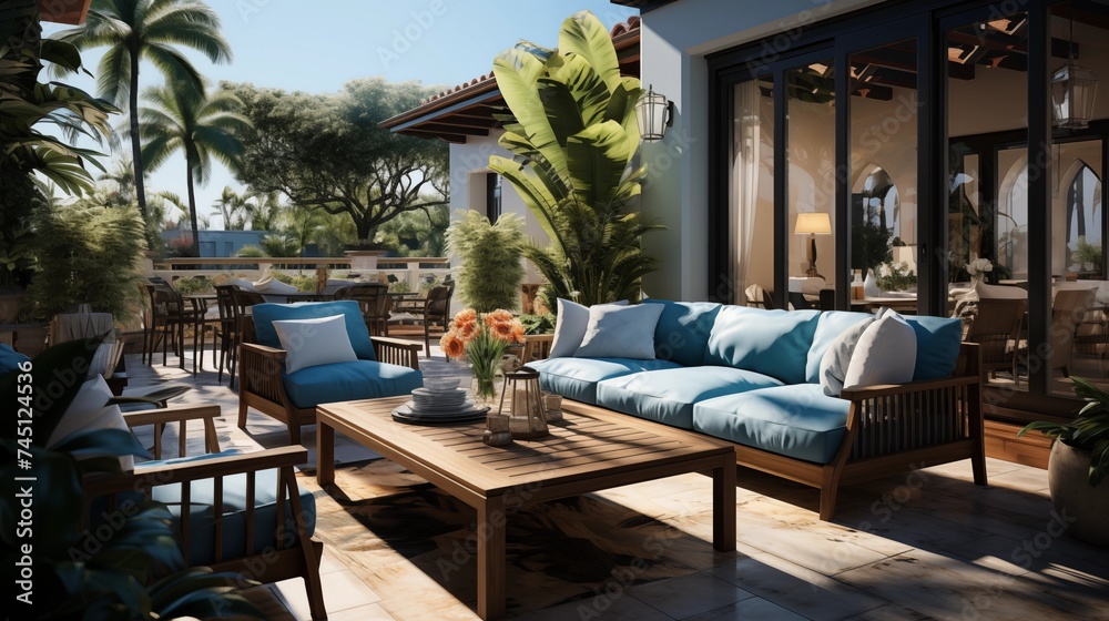 An outdoor oasis with gentle blue and dark teal patio furniture