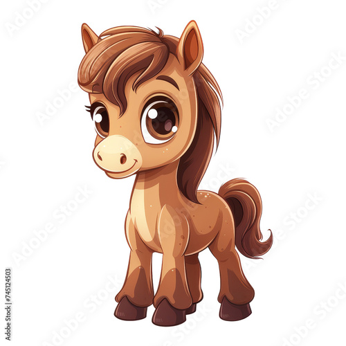 Cute cartoon little pony with brown hair and eyes, suitable for childrens book illustrations, greeting cards, and nursery room decor.