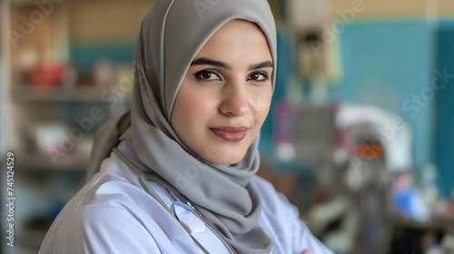 Muslim doctor in hijab working in clinic, white interior, professional, portrait