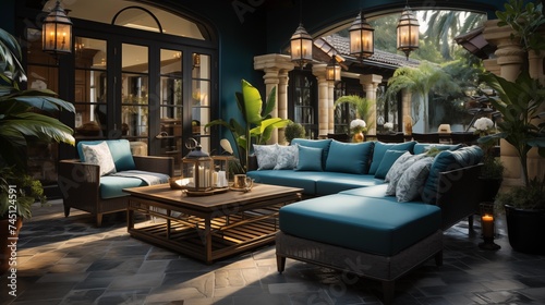 An outdoor oasis with gentle blue and dark teal patio furniture
