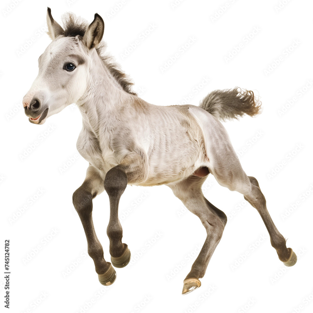 Cute running gray foal isolated on white or transparent background, png clipart, design element. Easy to place on any other background. Cute running gray foal isolated on white or transparent background, png clipart, design element. Easy to place on any other background.