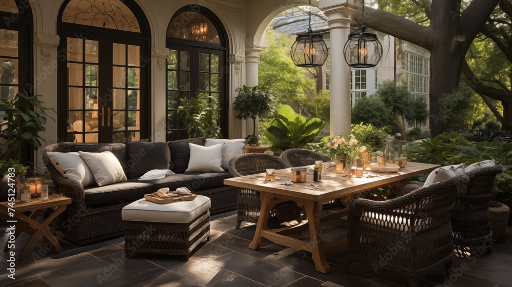 An outdoor oasis with light tan and dark chocolate patio furniture