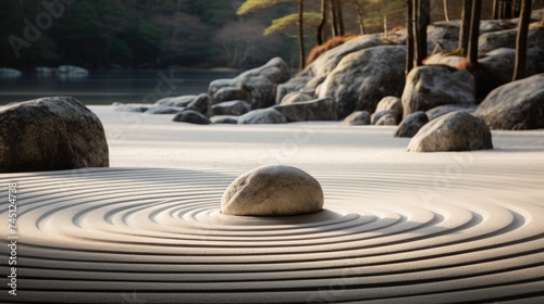 a garden with carefully raked sand and balanced stones, invoking a feeling of tranquility and inner peace
