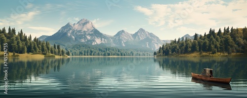 Small wooden boat on the surface of the beautiful lake in amazing mountain landscape