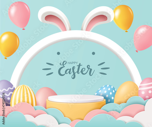 Easter banner for product demonstration. Round pedestal or podium with Easter eggs and balloons on pastel green background.