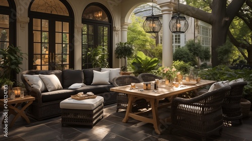 An outdoor oasis with light tan and dark chocolate patio furniture