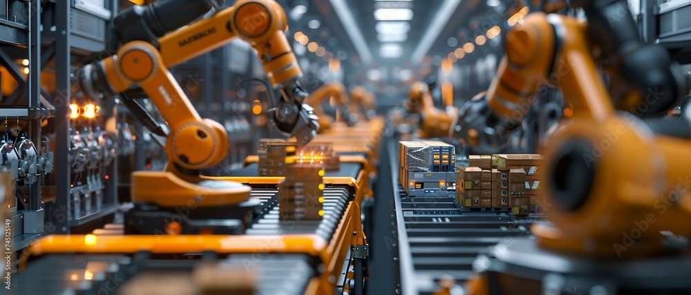 high-tech inventory warehouse with automated robotic systems managing stock. high-tech inventory warehouse with automated robotic systems managing stock.