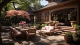 An outdoor oasis with light salmon and mahogany patio furniture