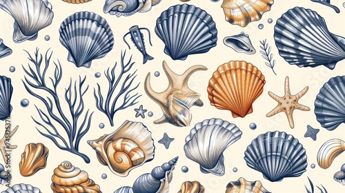 Seamless pattern of various seashells and starfish arranged on a white background.