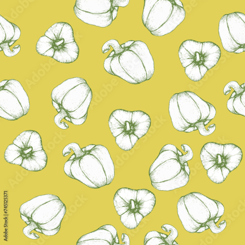 Vector vegetables seamless pattern on green background. HAnd drawn ink grapkics background with fresh green bolgarian pepper for packing, textile, restaurant, menu design photo