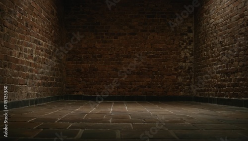 Dark room with tile floor and brick wall background photo