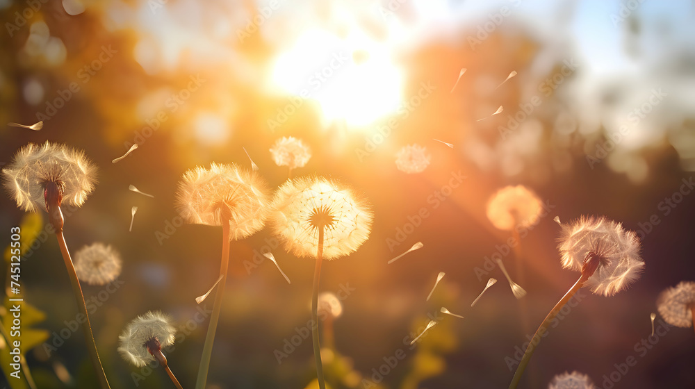 Sun-kissed dandelion seeds parachuting against a dreamy, abstract blurred nature background, creating an ethereal dance of light and shadow - obrazy, fototapety, plakaty 
