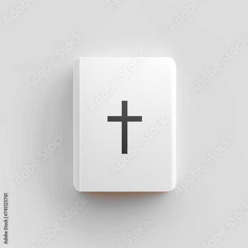 Sleek and Simple Christian Bible Icon: Cross on White Cover with Elegant Shadow on a Clean Grey Background