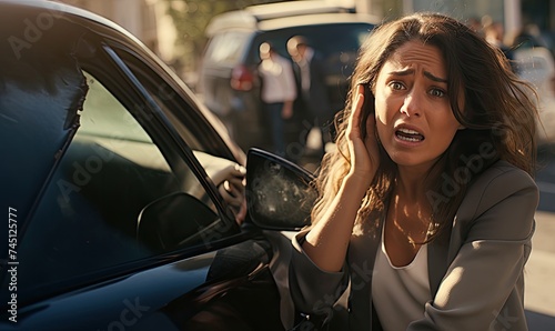 Sad young woman after a car accident holding her head. Car accident on the street, damaged car on the background