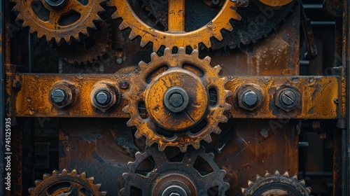 Detailed view of a metal structure featuring intricate gears and components, showcasing the mechanical complexity.