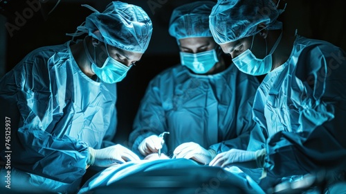 A group of professional surgeons in uniform performing surgery on a patient, focused and precise in their actions.