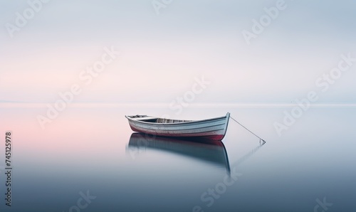Solitary boat on great foggy lake, long exposure. © Filip