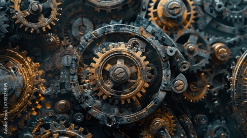 A detailed close up of a bunch of interlocking gears in a mechanical system.