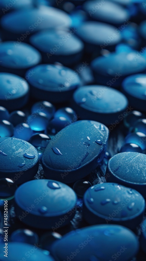Detailed view of blue pills with water droplets on them, highlighting the pharmaceutical aspect of the image. Detailed view of blue pills with water droplets on them, highlighting the pharmaceutical aspect of the image.