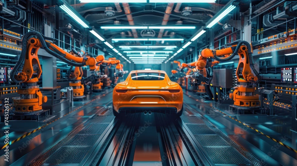 An orange car navigates through a busy factory floor filled with industrial machines in motion. An orange car navigates through a busy factory floor filled with industrial machines in motion.