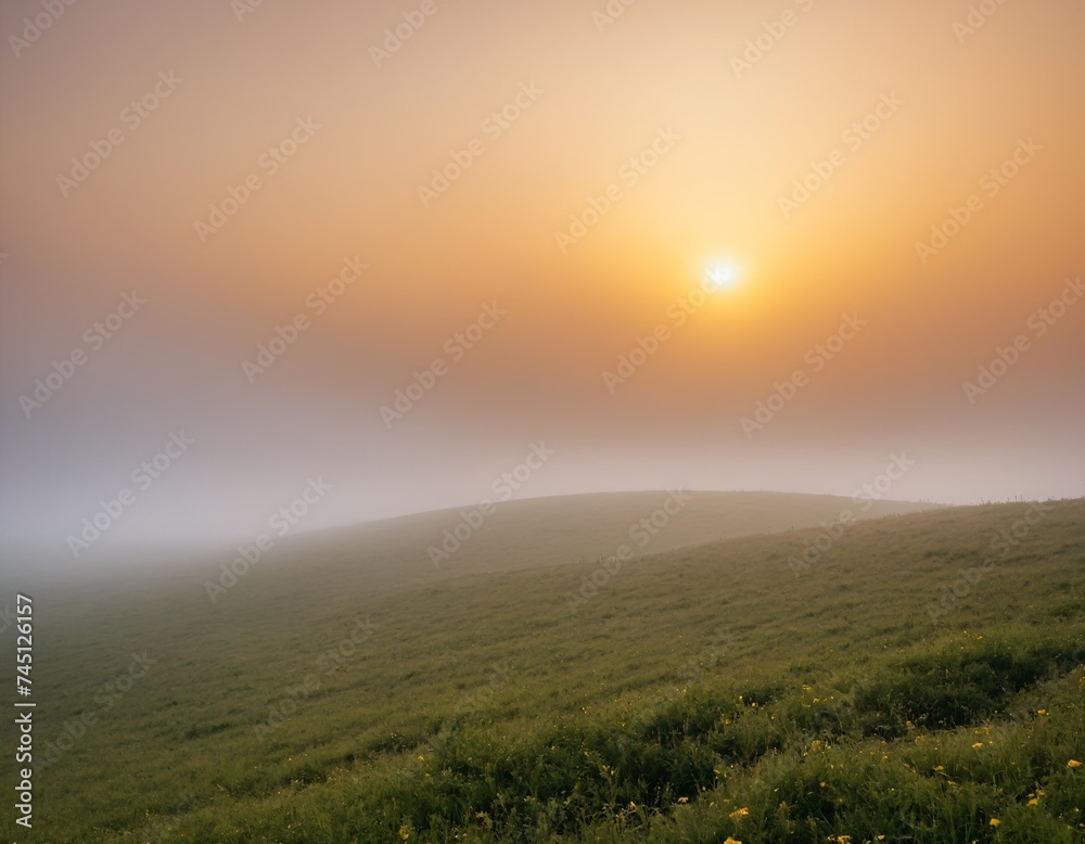 sunrise over a foggy field