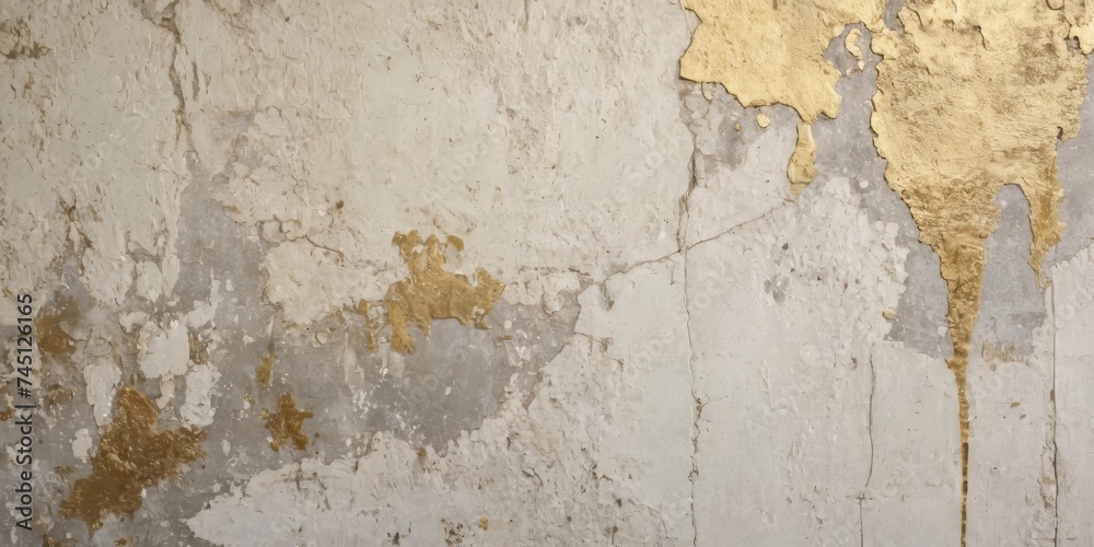 Distressed painted antique wall in white, grey, cream, ivory and gold texture. Beautiful distressed luxury vintage aged metal surface. Ancient, decayed, vintage texture background