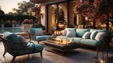 An outdoor oasis with pale cyan and enigmatic charcoal patio furniture