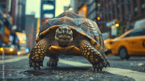 A tortoise is seen crossing a bustling city street, moving at a surprisingly fast pace. The urban background contrasts with the slow-moving reptile, creating an unusual sight. photo