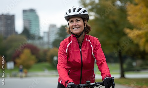 Portrait photography of a happy woman cyclist riding a bicycle and wearing cycling helmet in the city park background