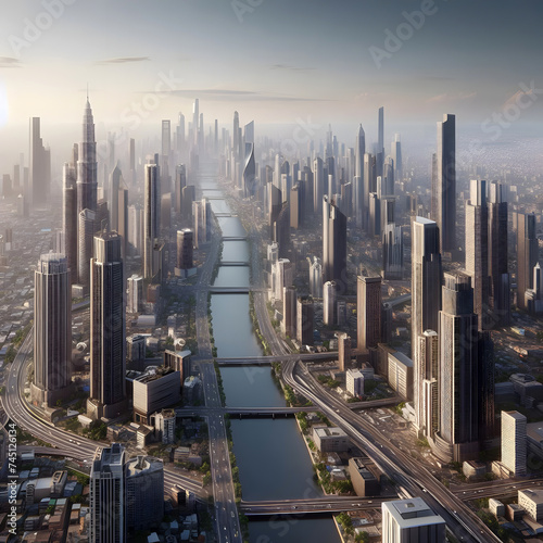 aerial view of futuristic city with skyscrapers and river