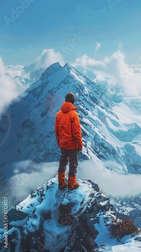 A man in an orange jacket stands proudly on top of a snow covered mountain, surrounded by a vast white landscape under a clear blue sky.