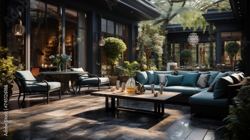 An outdoor oasis with pale cyan and enigmatic charcoal patio furniture