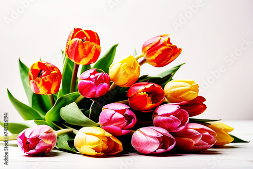 Bouquet of fresh colorful tulips on white background. spring flowers, AI Generated.