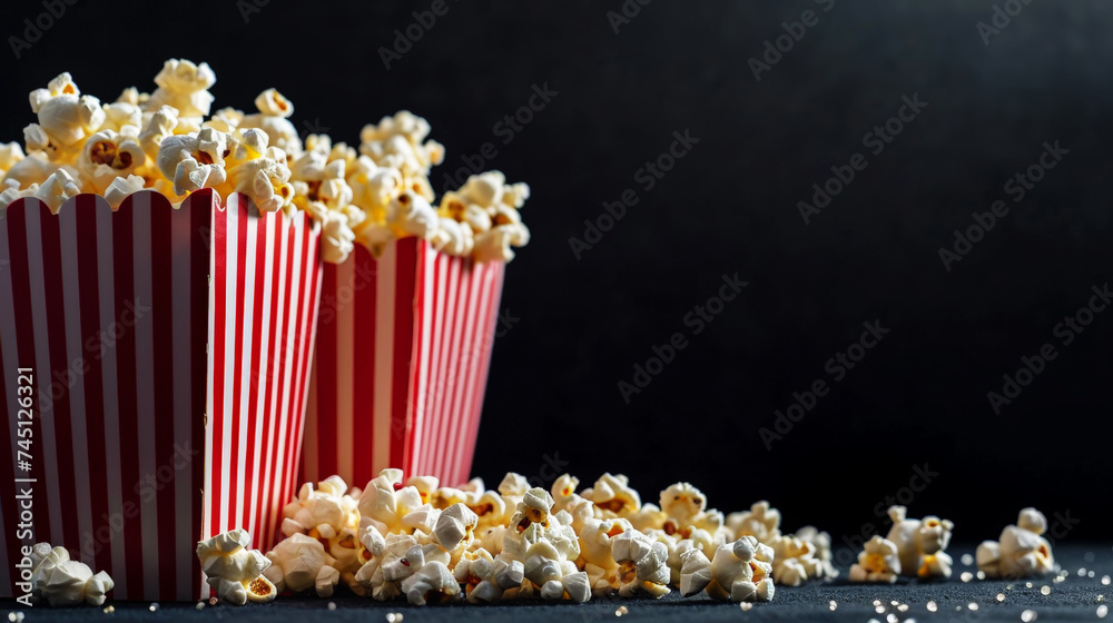 Delicious popcorn pouring out of two red striped boxes on dark background. Copy space. Cinema concept. Generative AI Delicious popcorn pouring out of two red striped boxes on dark background. Copy space. Cinema concept. Generative AI