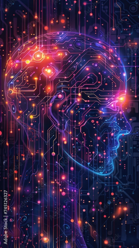 A persons head is shown with a circuit board in the background, symbolizing the integration of artificial intelligence and technology into human life.