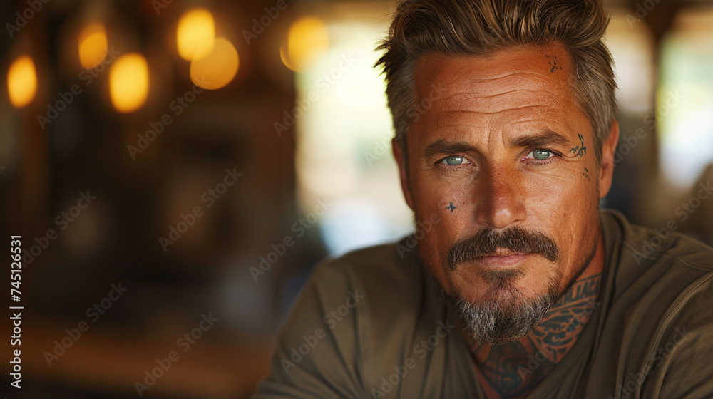 Close Up Portrait of Bearded Person with tattoos on his face