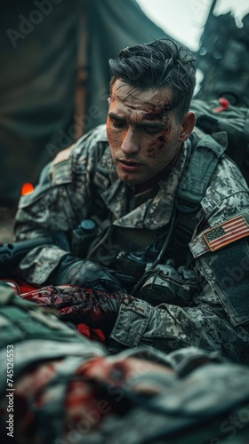 An American military medic in uniform is sitting on the ground saving a fellow soldier.
