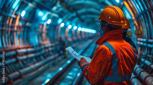 workers construct the tunnel in the rock with modern equipment and boring machines