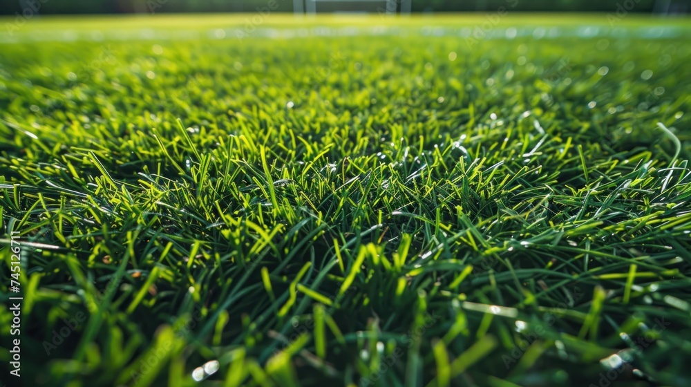 A soccer field featuring fresh green grass and a goal in the background, ready for a game.