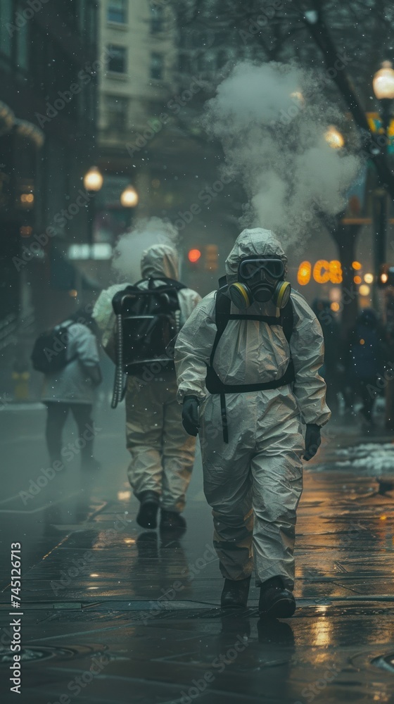 A group of people wearing bio hazard suits walks down a city street in the rain. A group of people wearing bio hazard suits walks down a city street in the rain.