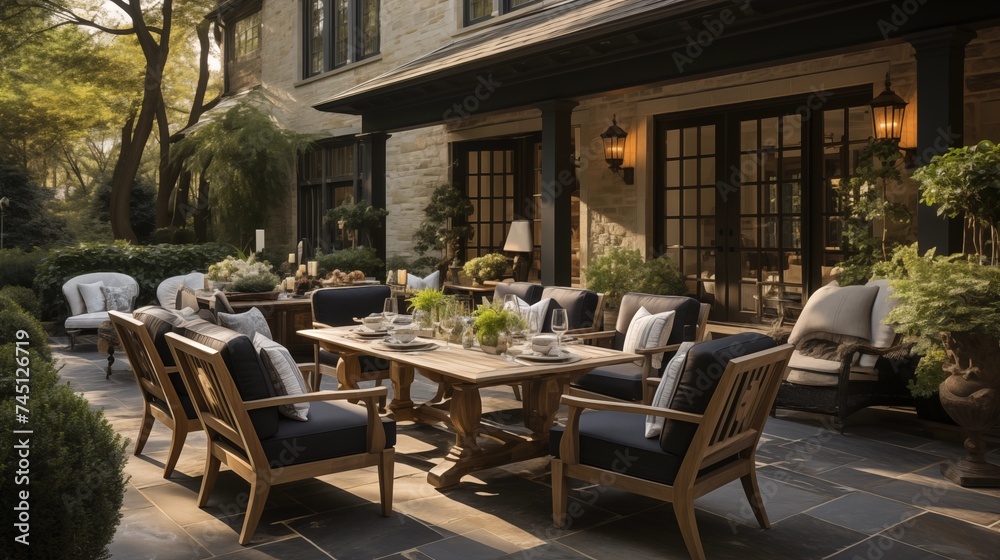 An outdoor oasis with pale ivory and deep slate gray patio furniture