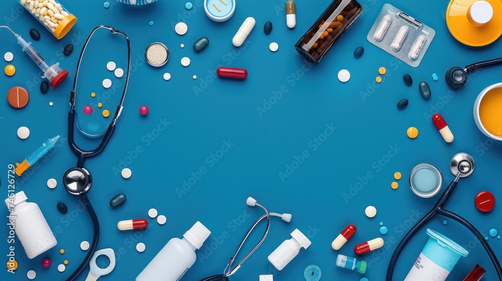 Fototapeta premium A blue table is covered with various medical supplies, including bandages, syringes, medication bottles, and gloves.