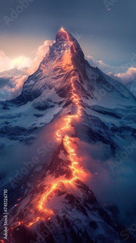 A tall mountain shines brightly with numerous lights along its climbing route to the peak, creating a stunning spectacle against the night sky route to peak.