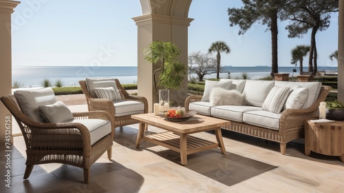 An outdoor oasis with pale seashell and deep ocean patio furniture © Aeman