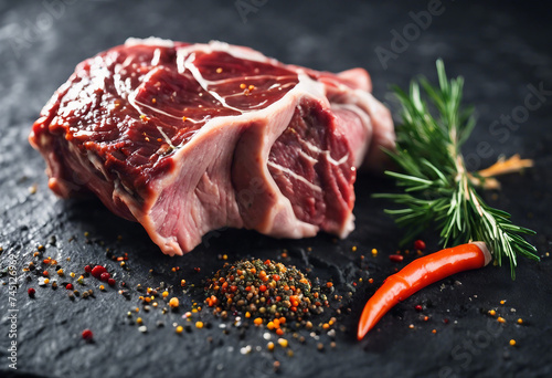 Raw fresh Lamb Meat shank and seasonings on black stone background photo