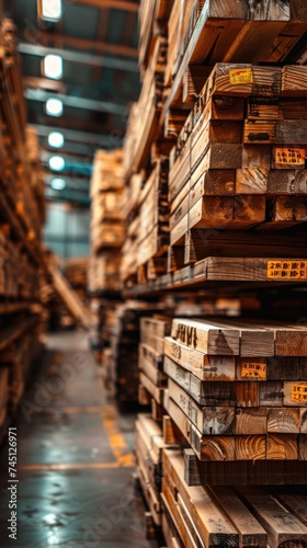Wooden planks neatly stacked in rows and columns inside a spacious warehouse or factory.