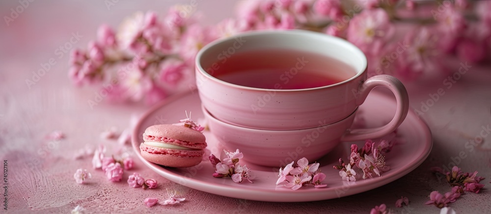 A pink cup filled with herbal tea sits alongside two pink macaroons on a table. The delicate and colorful treats add a touch of sweetness to the scene. A pink cup filled with herbal tea sits alongside two pink macaroons on a table. The delicate and colorful treats add a touch of sweetness to the scene.